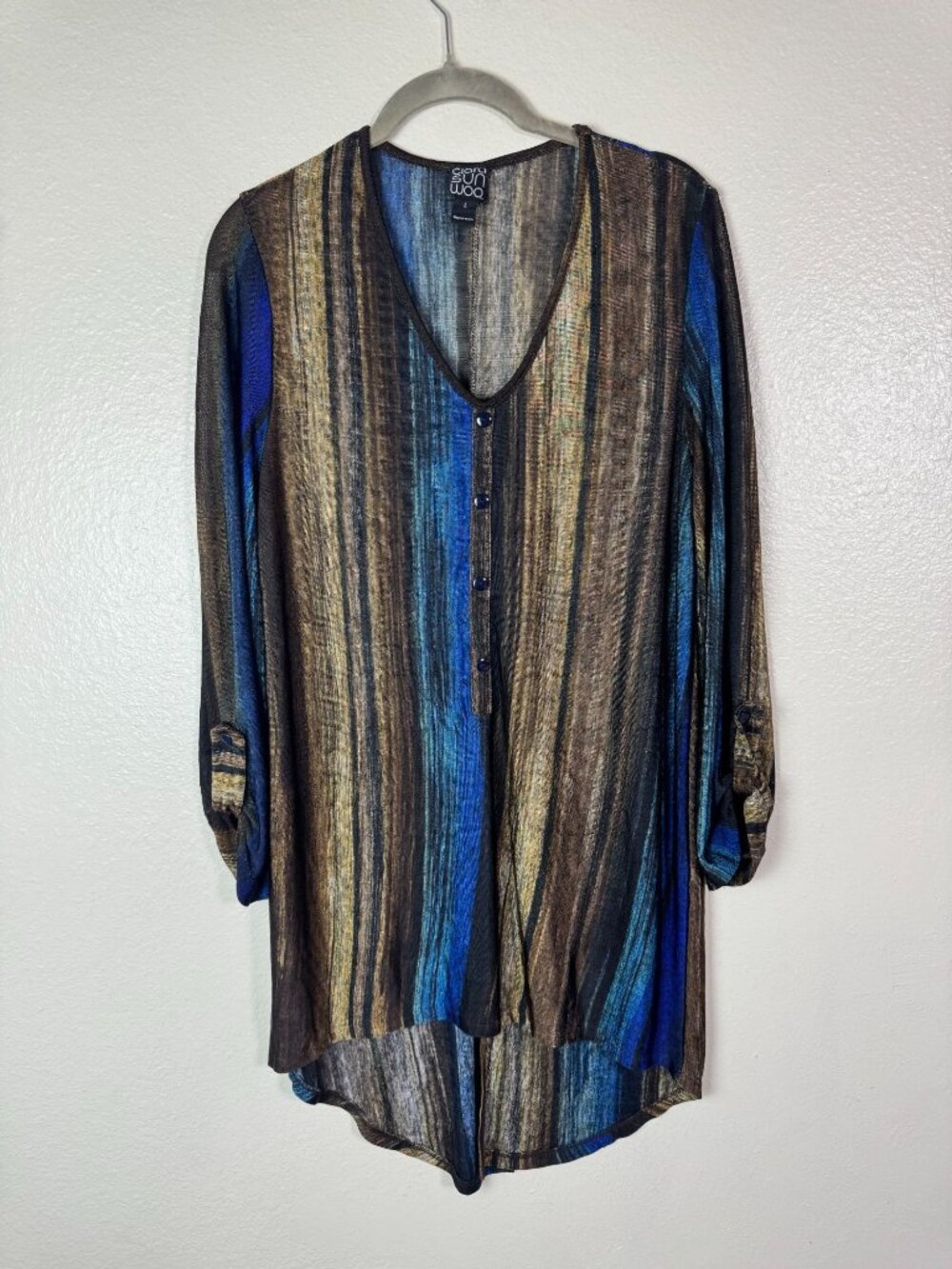 Clara Sun Woo Womens V-Neck Tunic Blue Brown Knit Top Size Large Lightweight